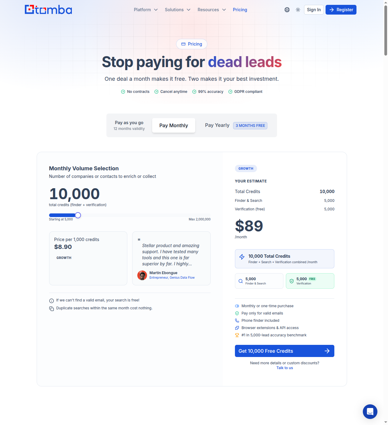 Tomba.io pricing page (April 2026)