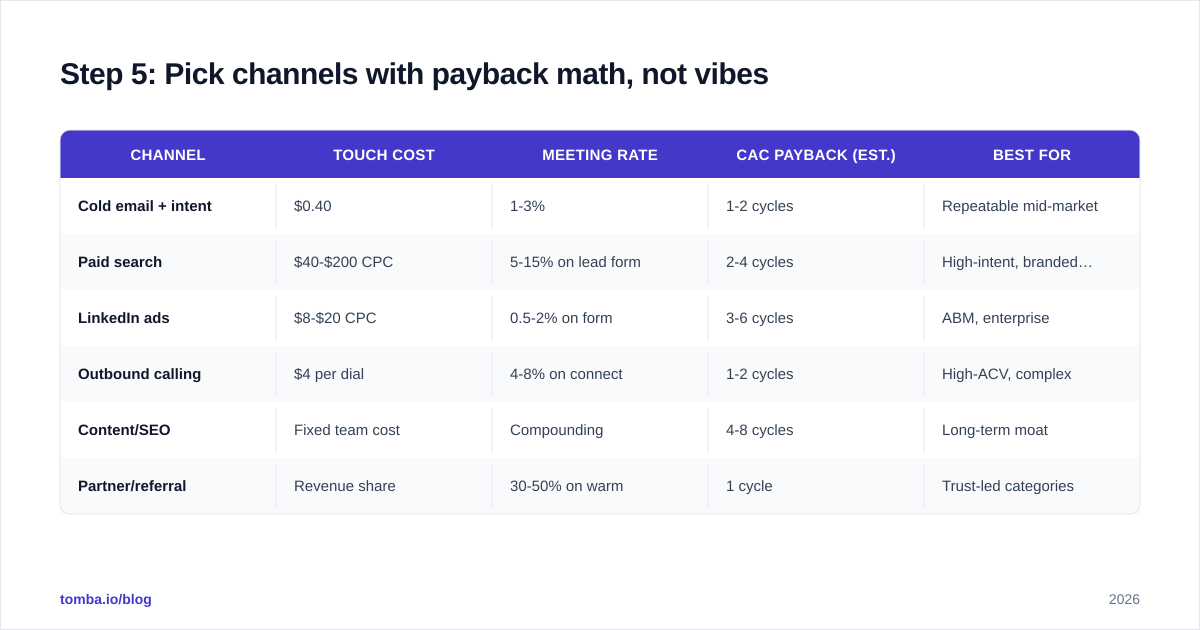 Diagram: Step 5: Pick channels with payback math, not vibes
