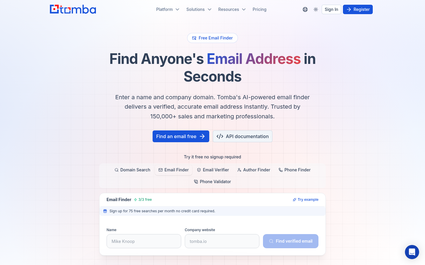 Tomba feature overview showing domain search and email finder workflow