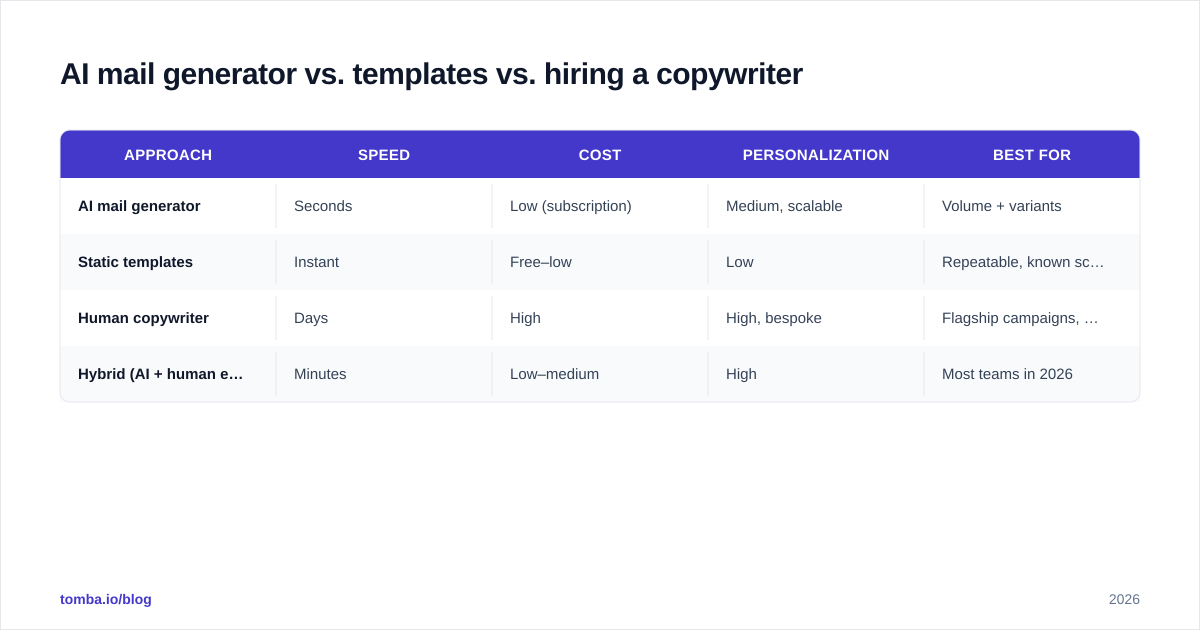 Diagram: AI mail generator vs. templates vs. hiring a copywriter
