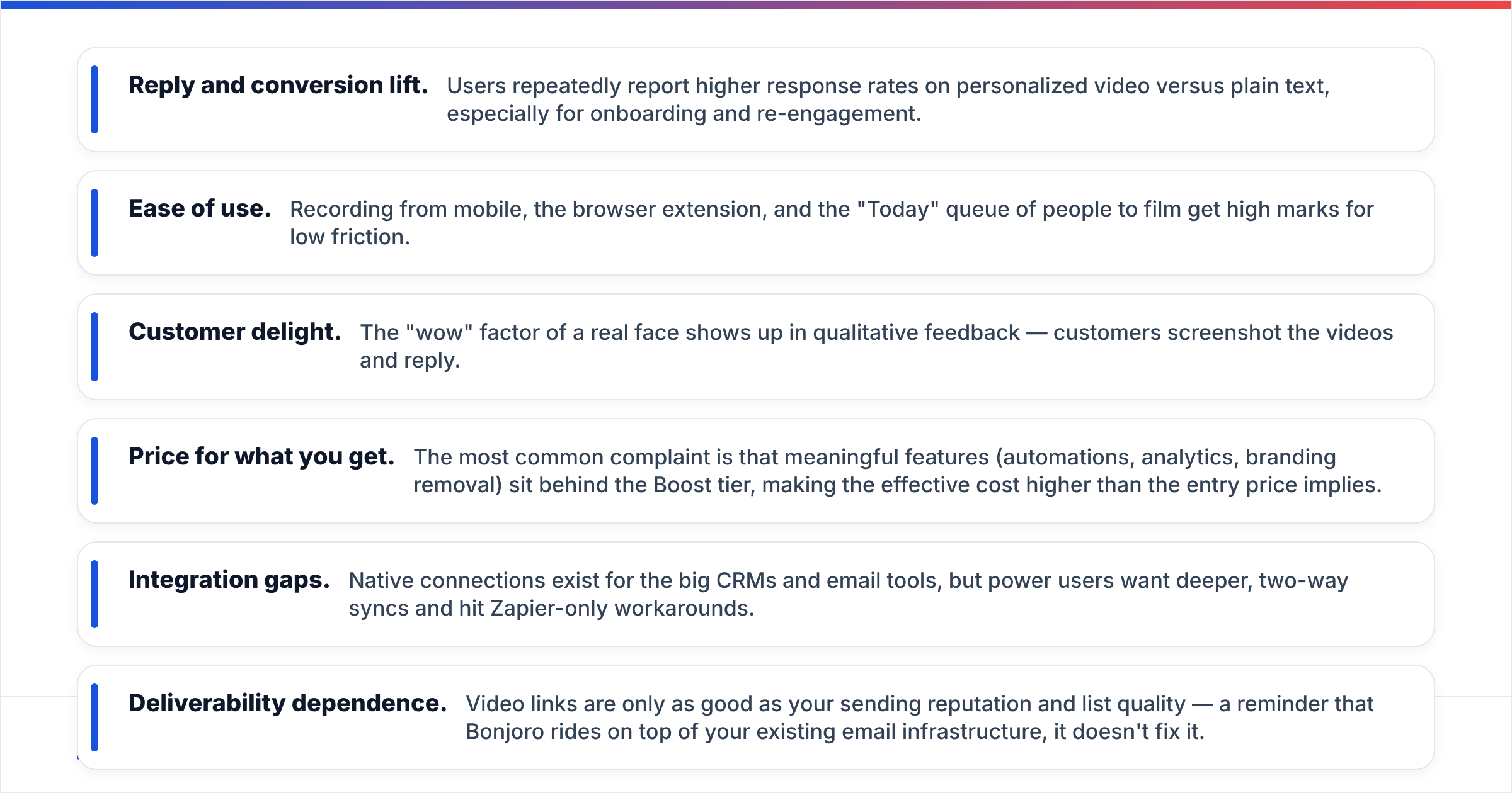 Diagram: What do Bonjoro reviews actually say