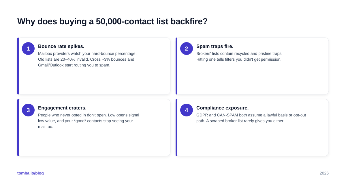 Diagram: Why does buying a 50,000-contact list backfire?