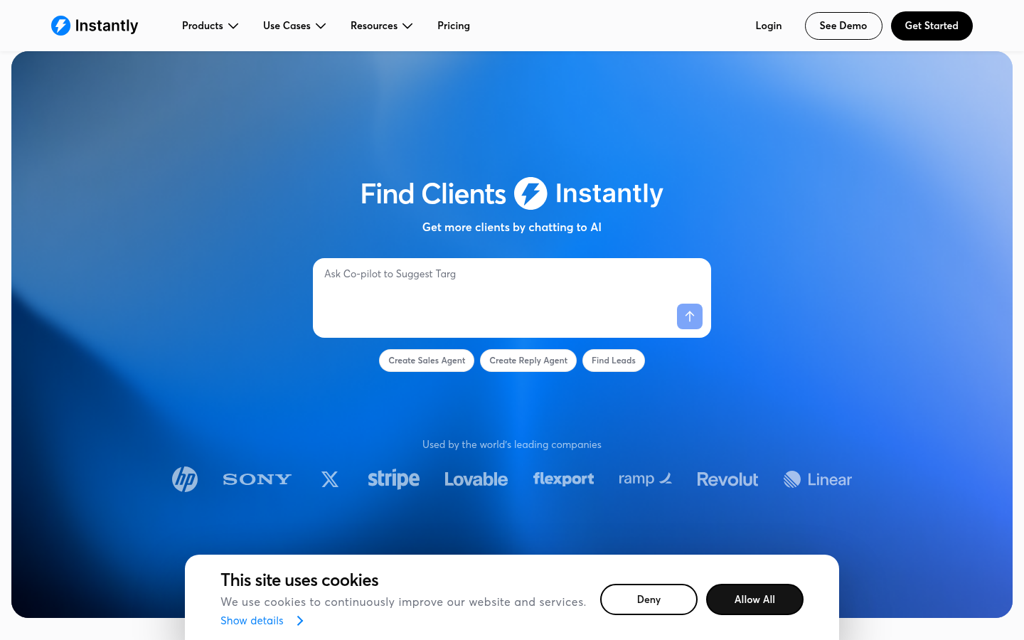 Instantly website homepage screenshot showing its product and pricing