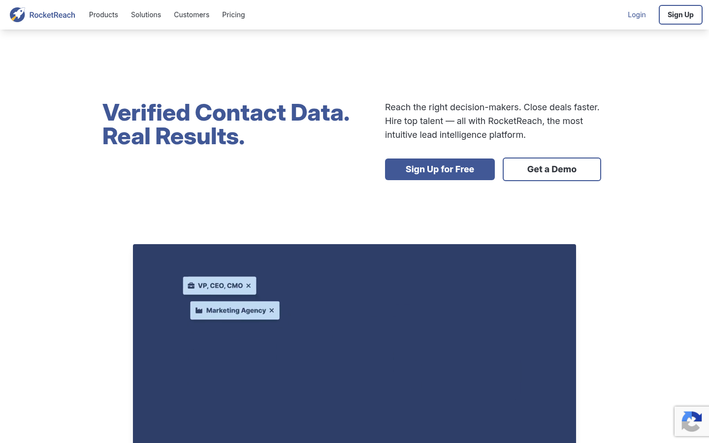 RocketReach website homepage screenshot showing its product and pricing