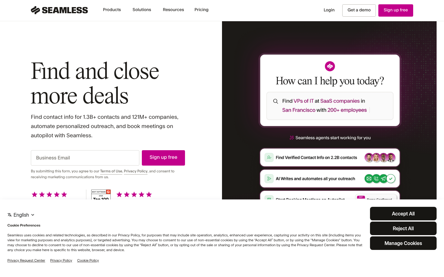 Seamless.AI website homepage screenshot showing its product and pricing