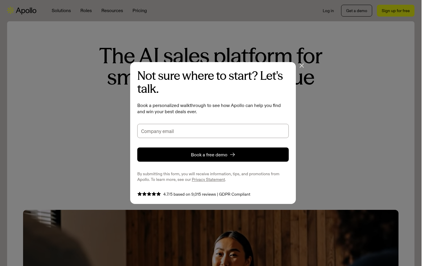 Apollo website homepage screenshot showing its product and pricing