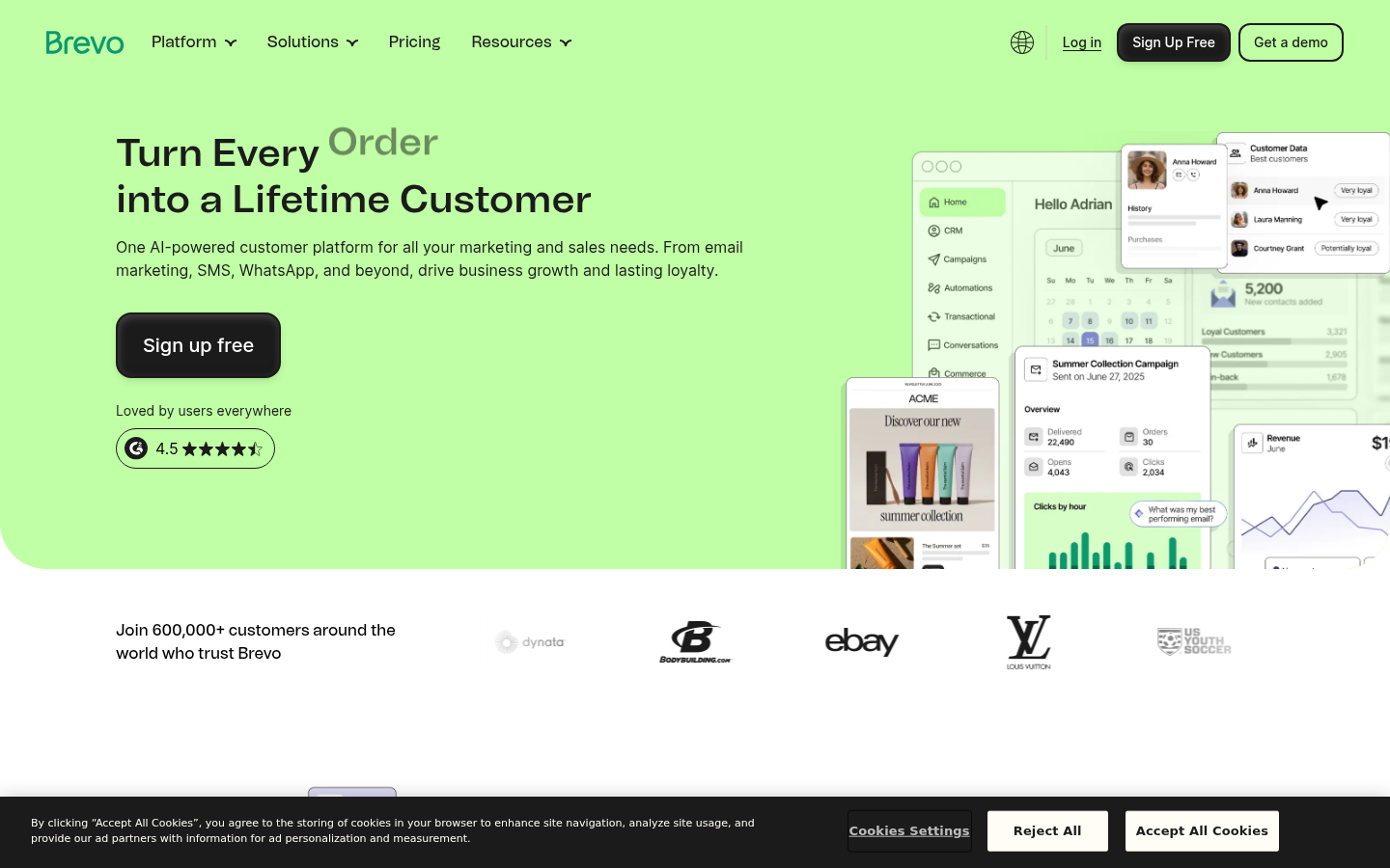 Brevo website homepage screenshot showing its product and pricing