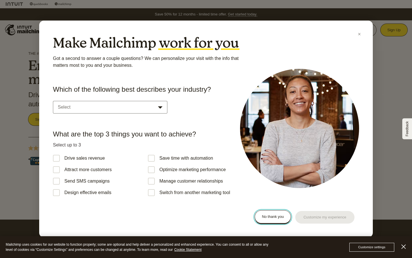 Mailchimp website homepage screenshot showing its product and pricing