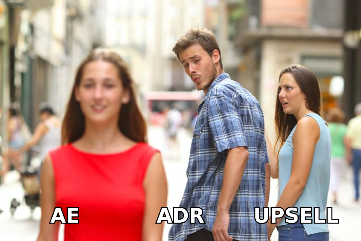 Distracted-boyfriend style meme contrasting a basic rep, the ADR play, and the upsell it unlocks