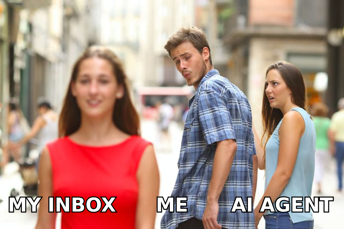 A person ignoring their overflowing inbox while eyeing a shiny new AI agent