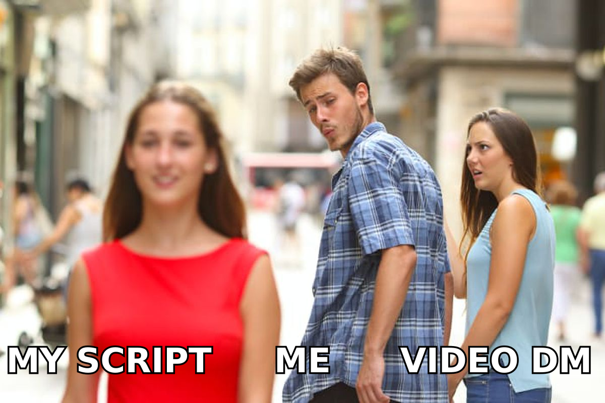 Distracted boyfriend meme: a rep abandoning his old script for a video DM