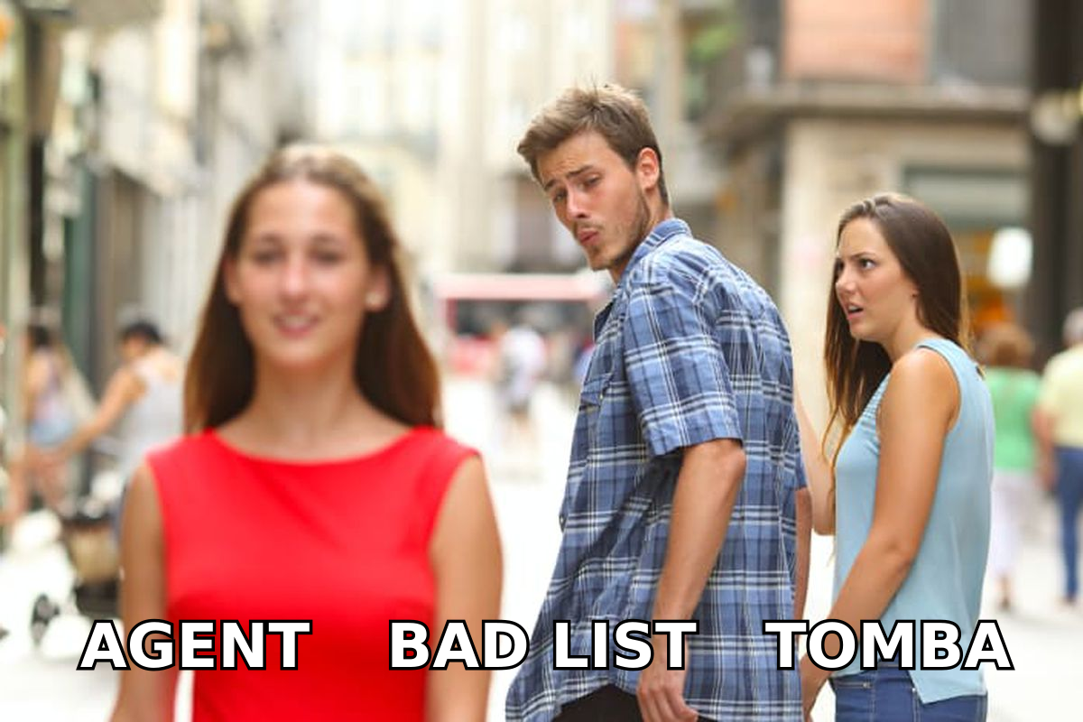 Distracted boyfriend meme: an agent eyeing Tomba instead of a bad list