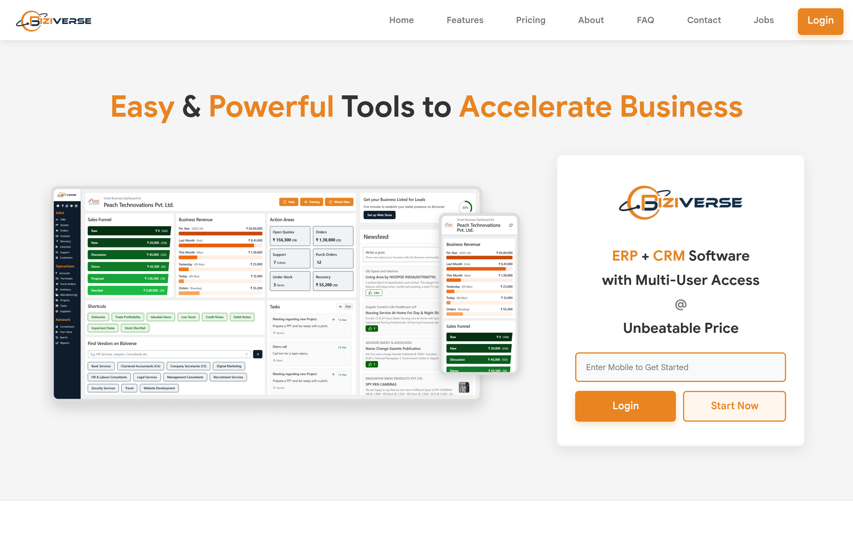 Biziverse website screenshot — product, features and pricing