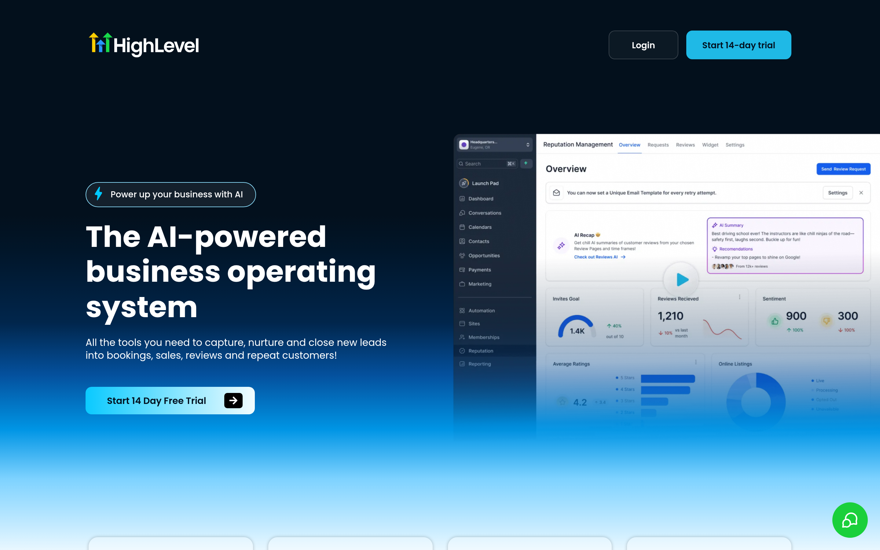 GoHighLevel website screenshot — product, features and pricing