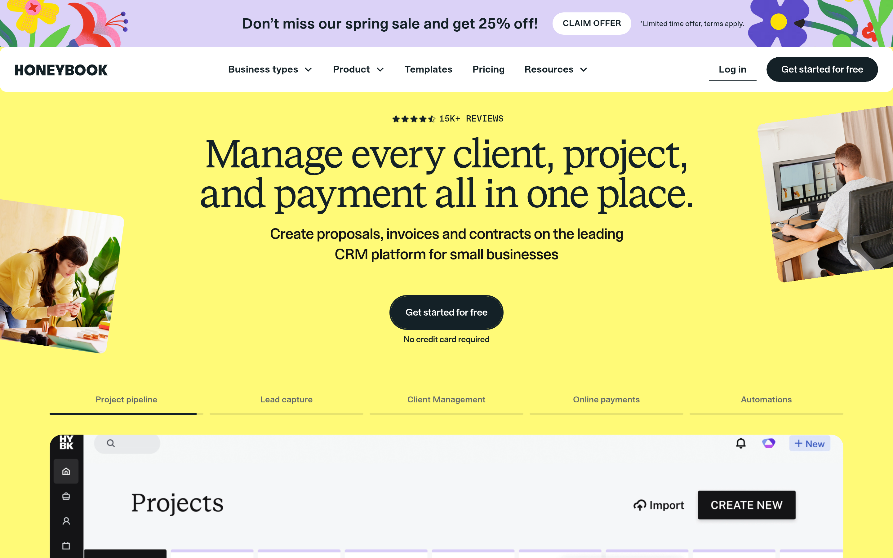 HoneyBook website screenshot — product, features and pricing