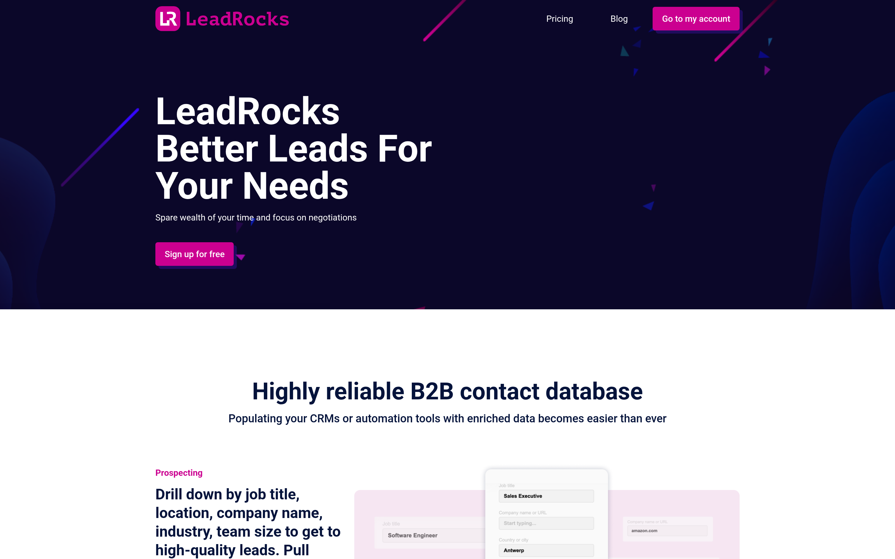 LeadRocks website screenshot — product, features and pricing