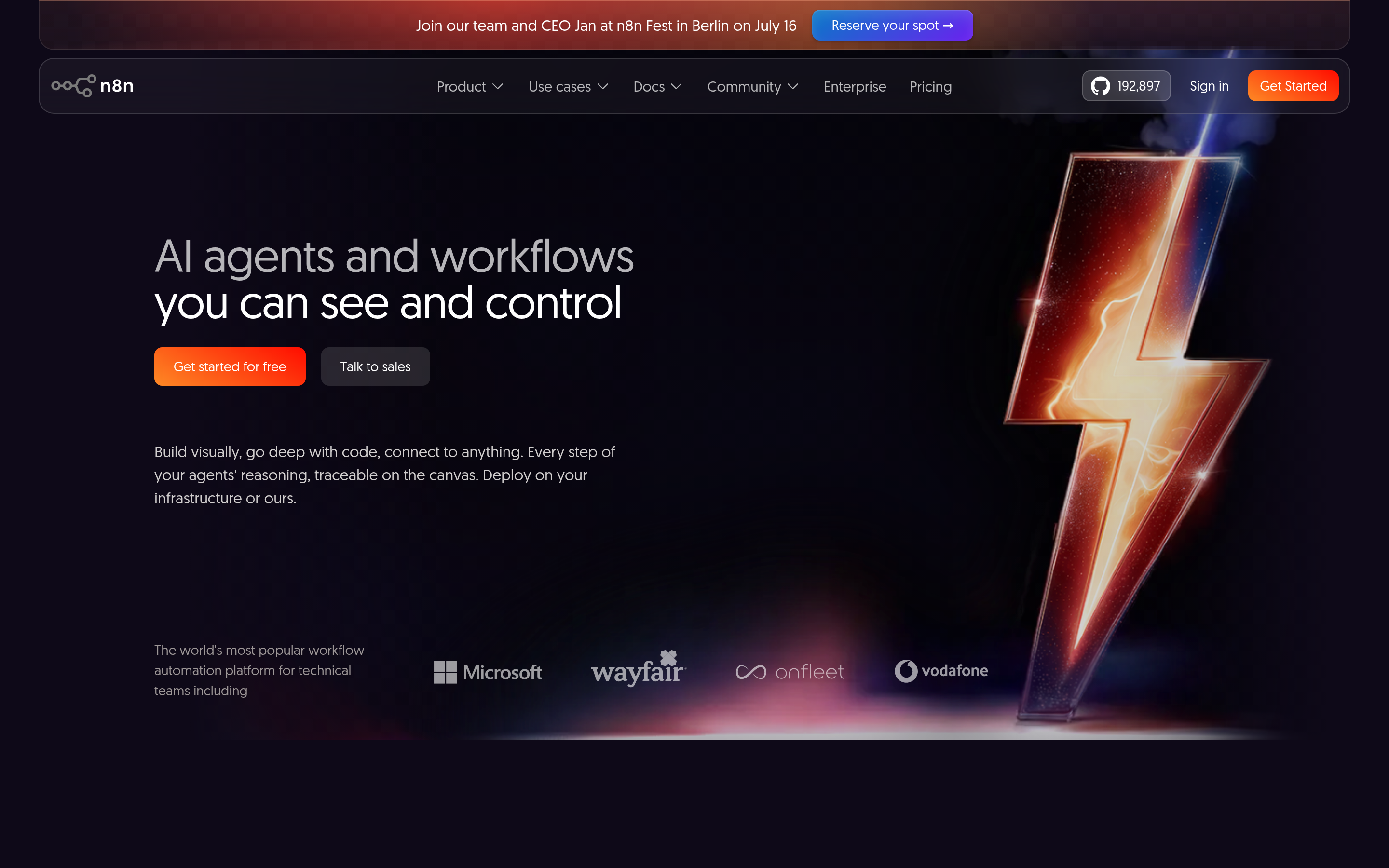 n8n website screenshot — product, features and pricing