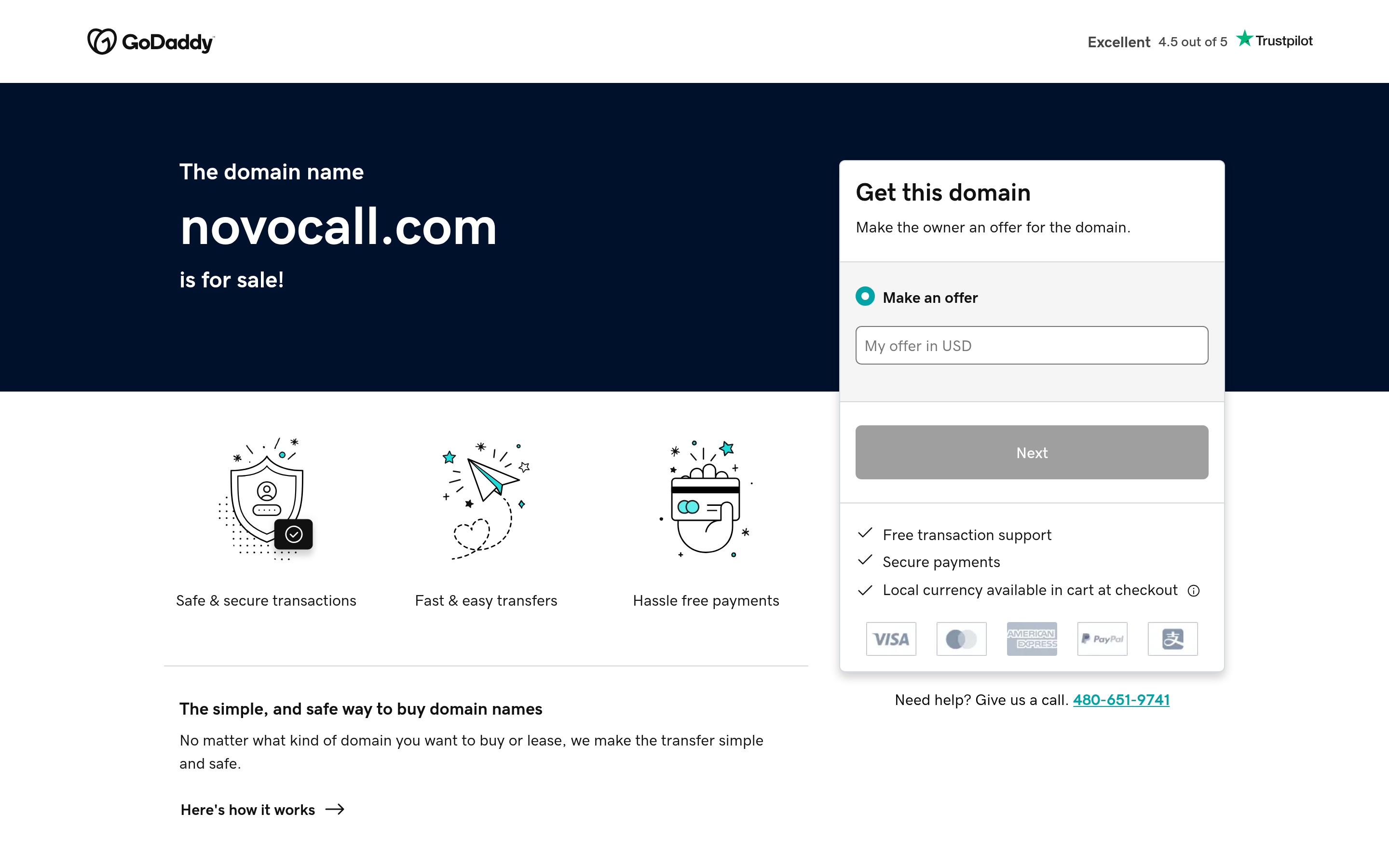 Novocall website screenshot — product, features and pricing