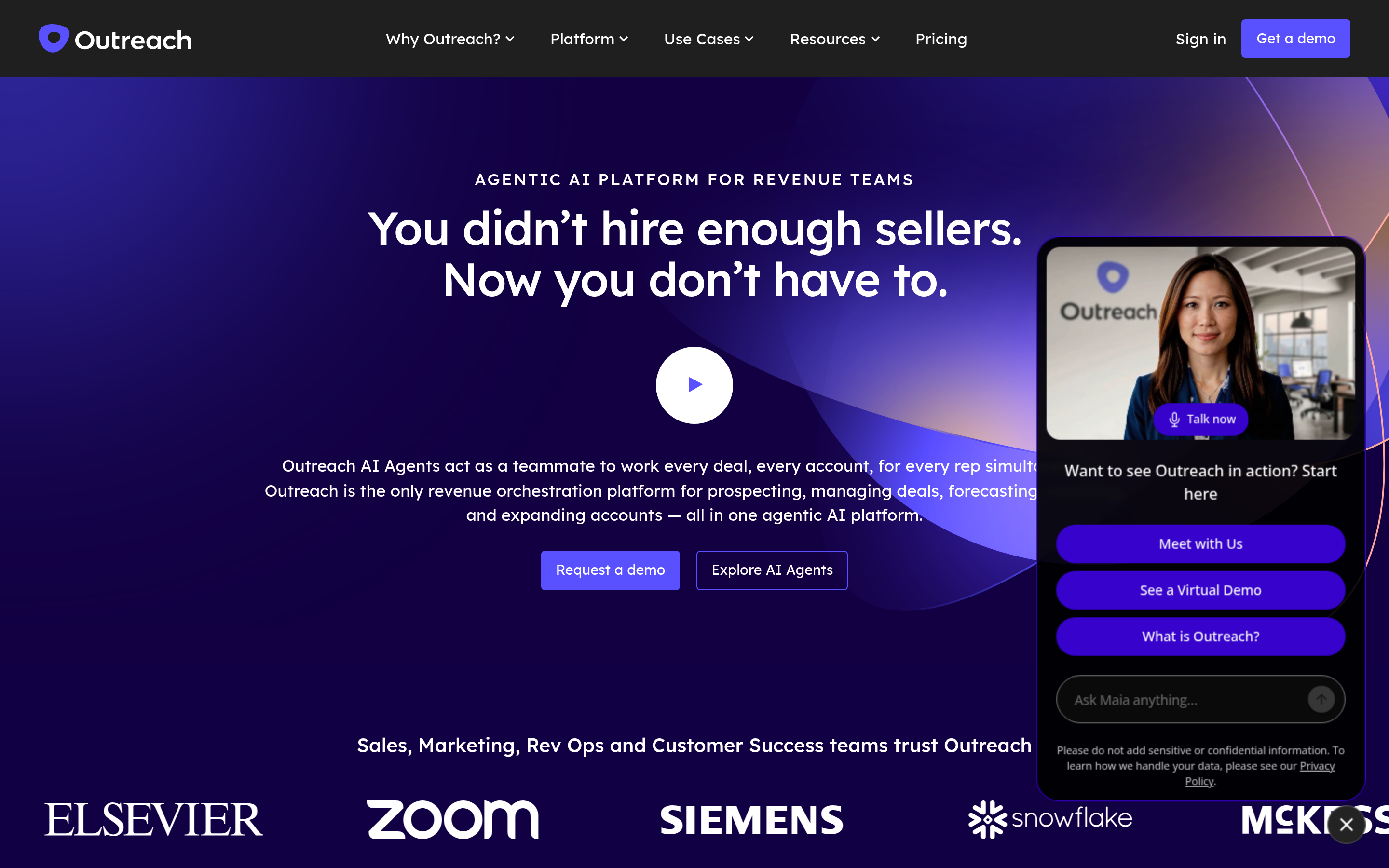 Outreach website screenshot — product, features and pricing