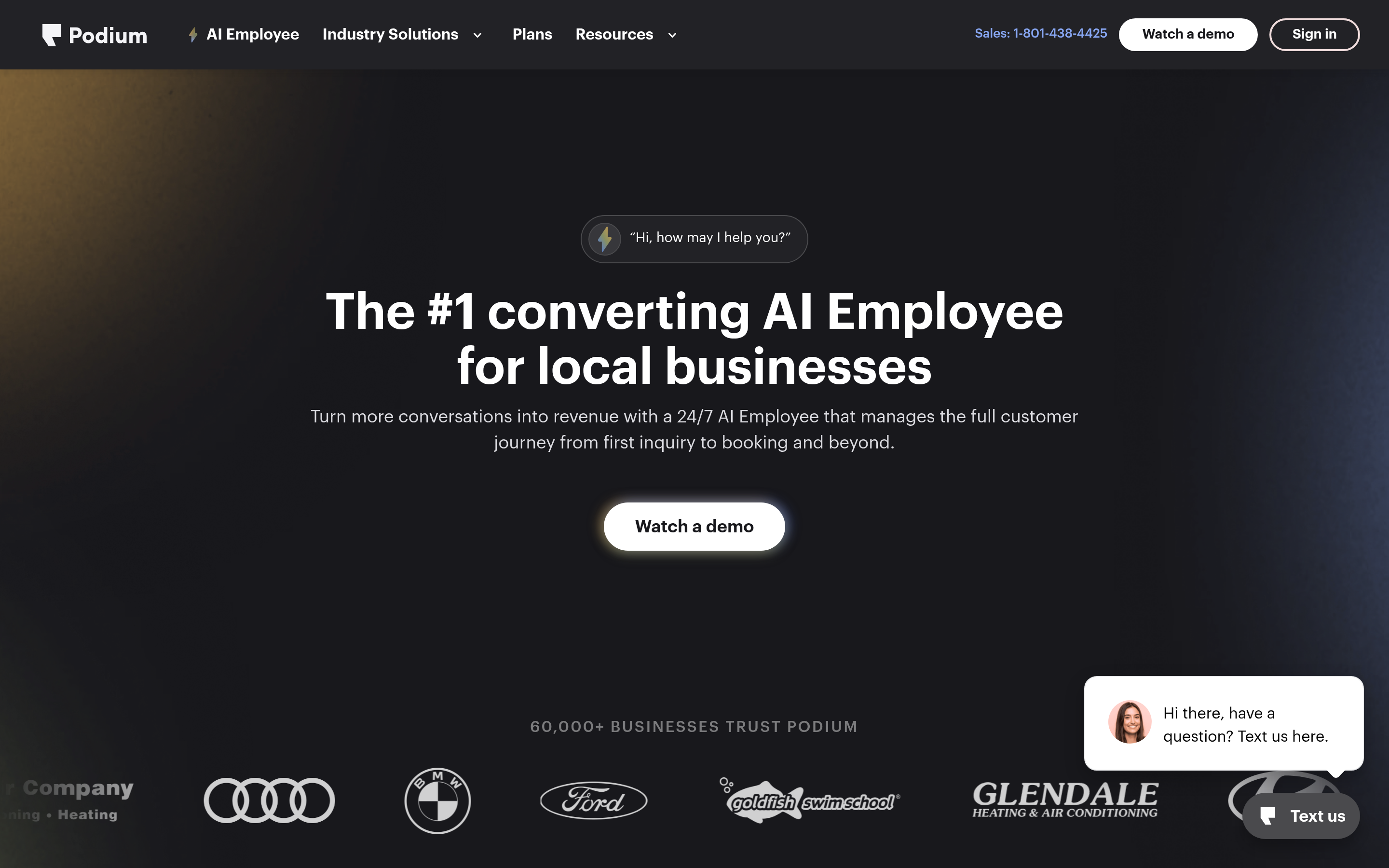 Podium website screenshot — product, features and pricing