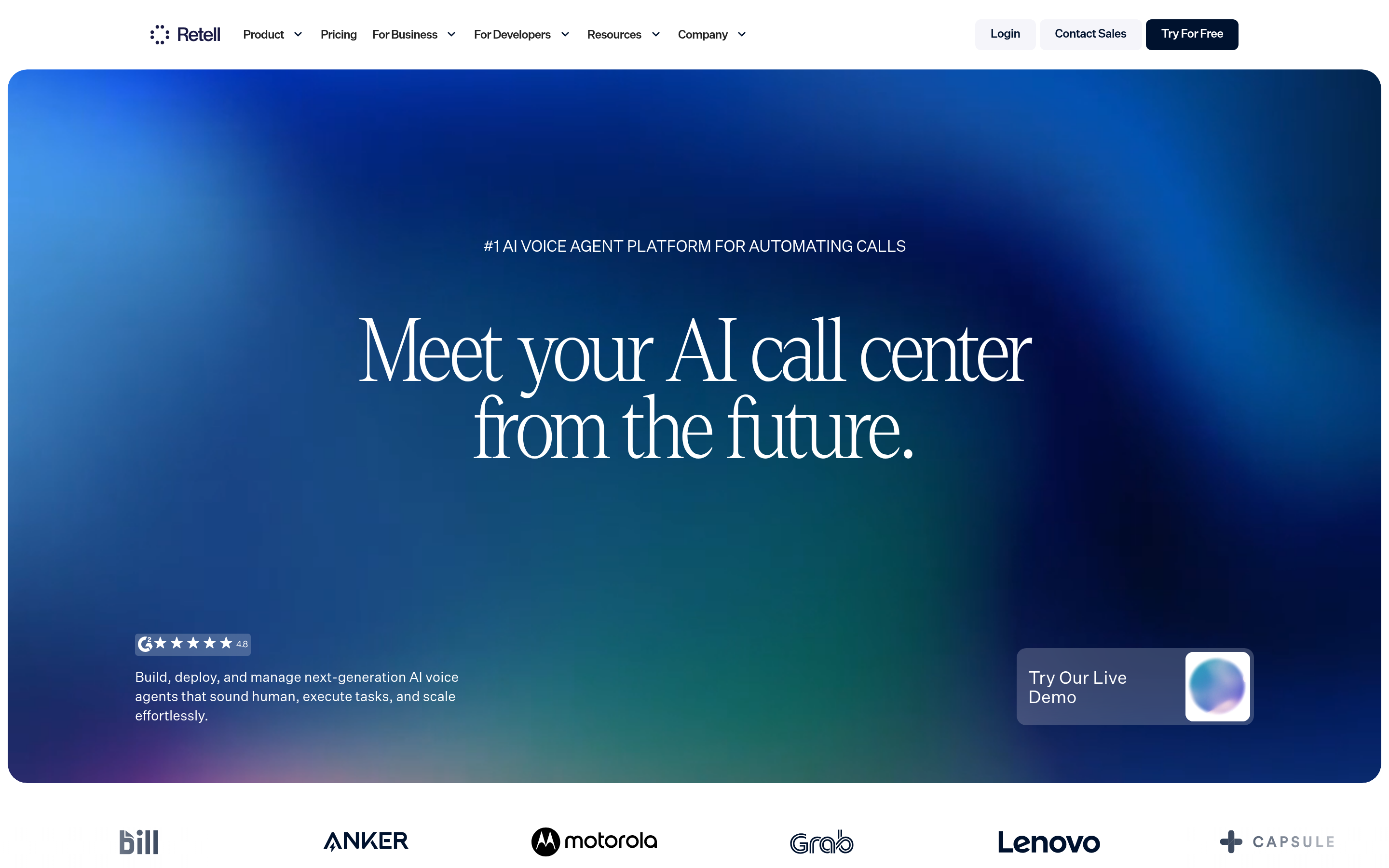 Retell AI website screenshot — product, features and pricing