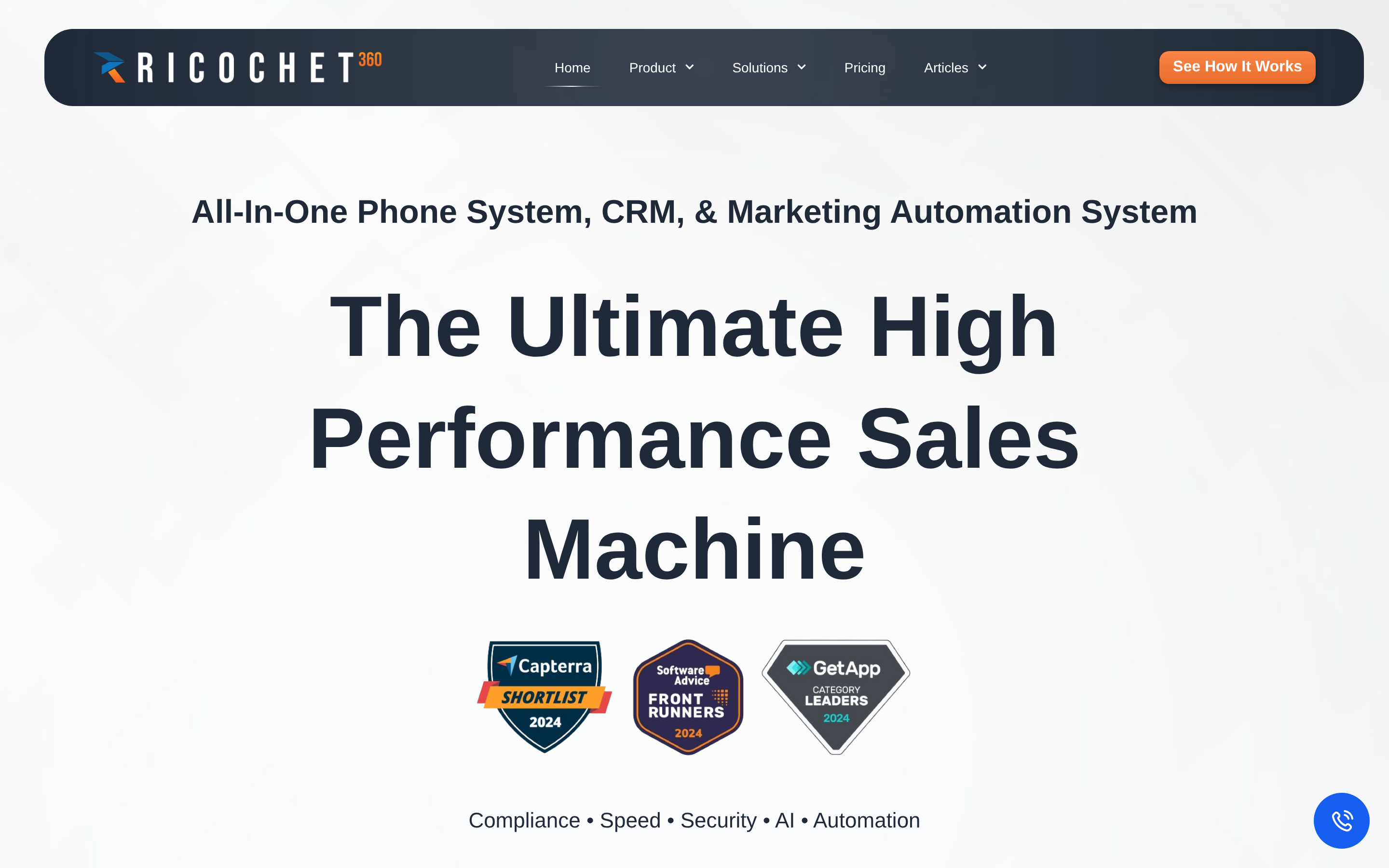 Ricochet360 website screenshot — product, features and pricing