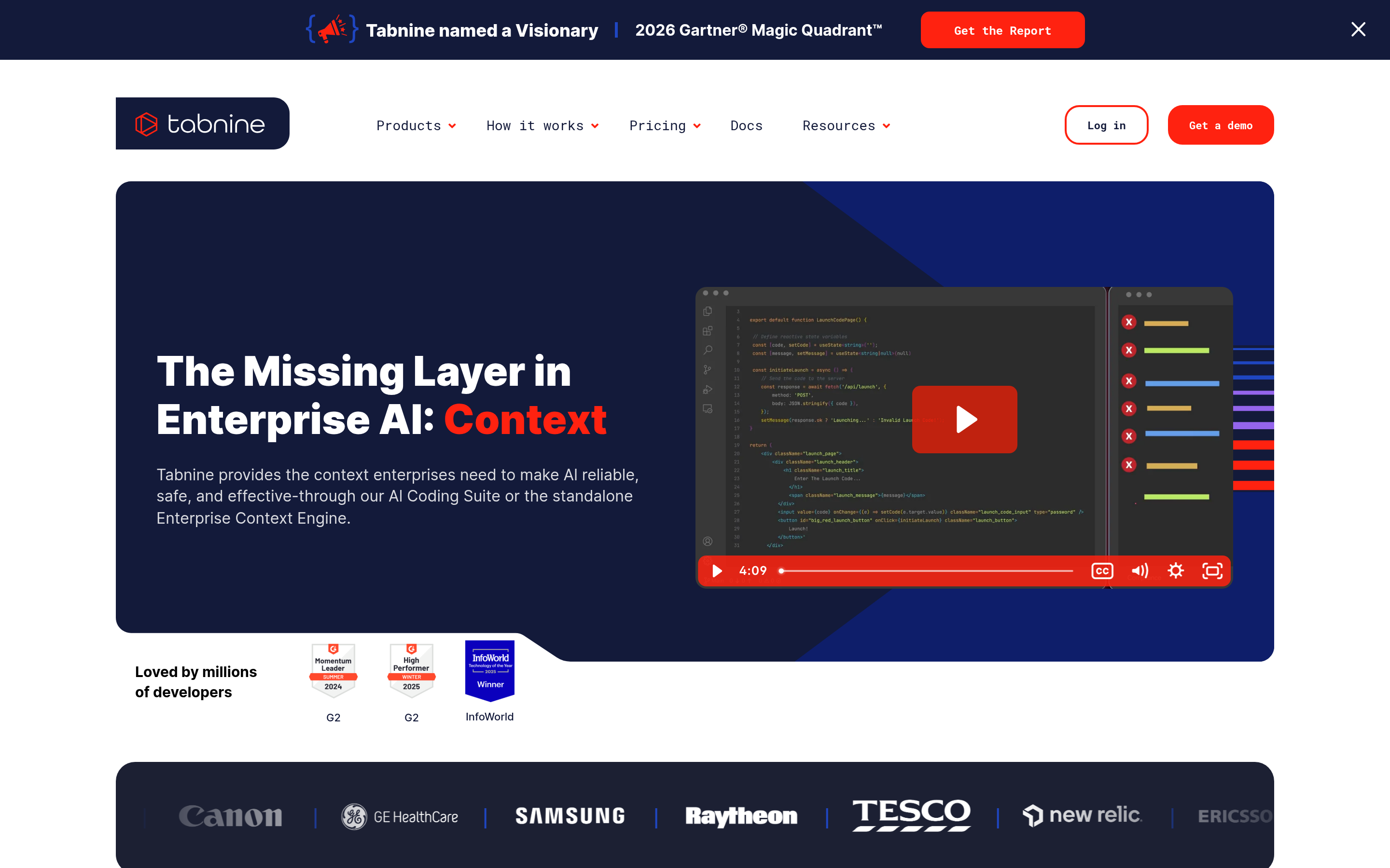 Tabnine website screenshot — product, features and pricing