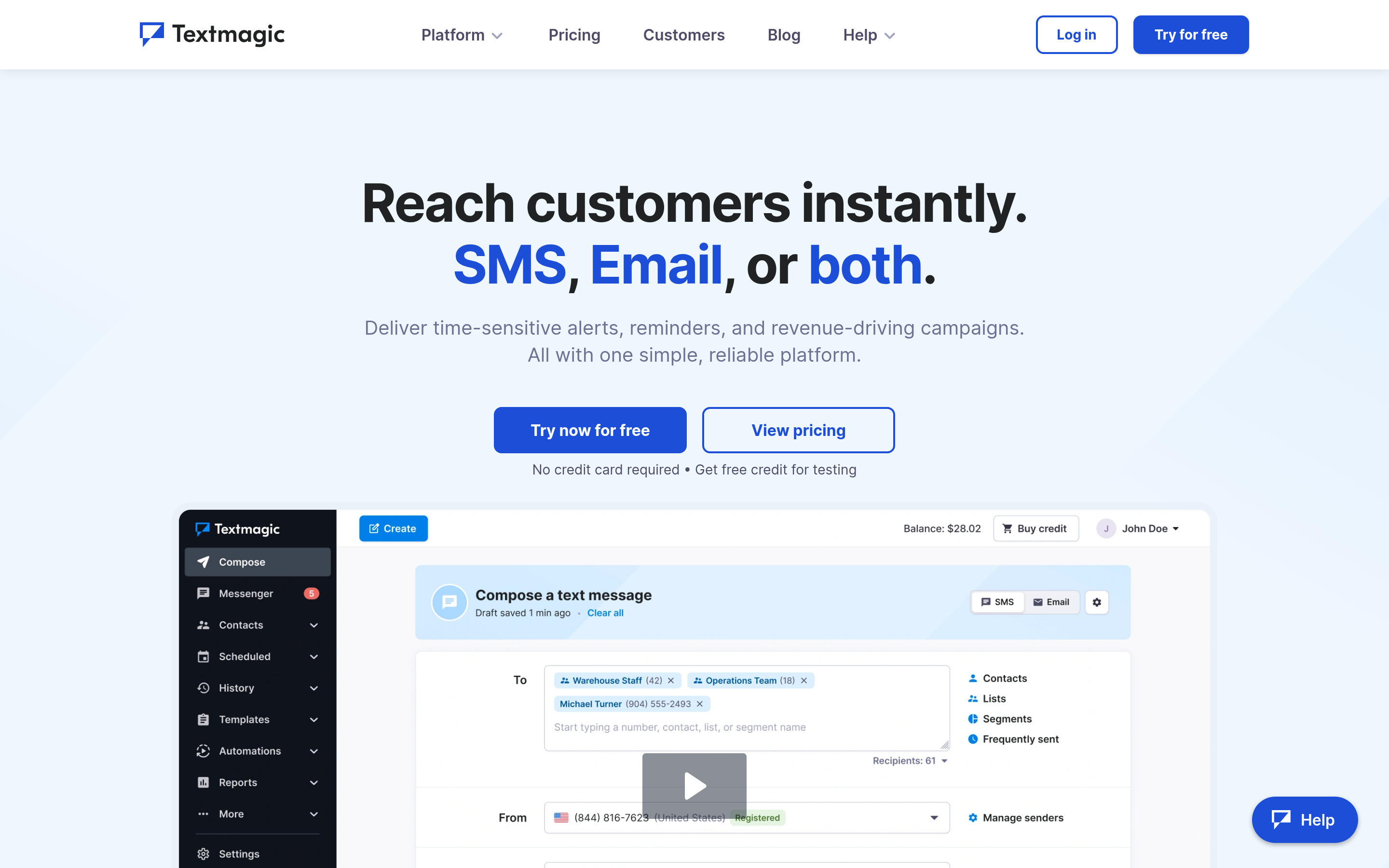 TextMagic website screenshot — product, features and pricing