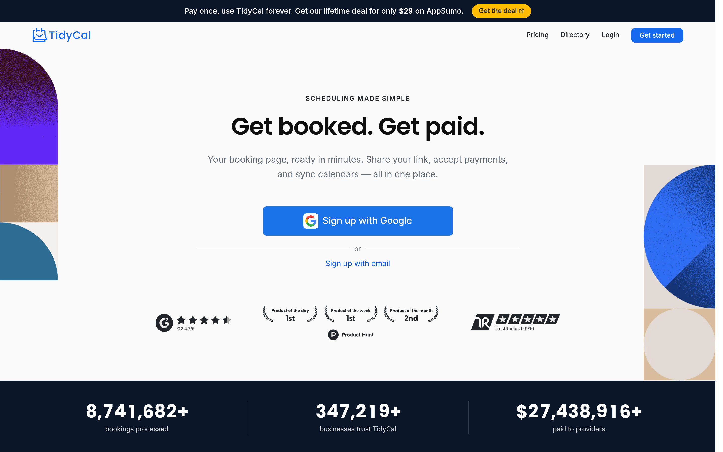 TidyCal website screenshot — product, features and pricing