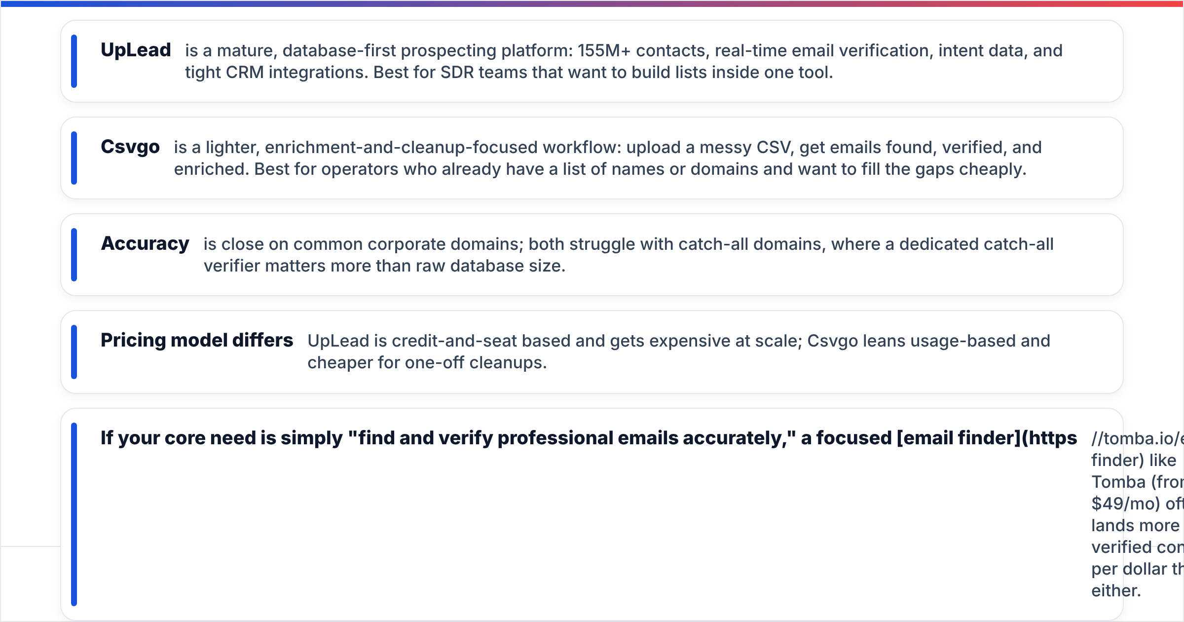 Diagram: TL;DR: Csvgo vs UpLead at a glance