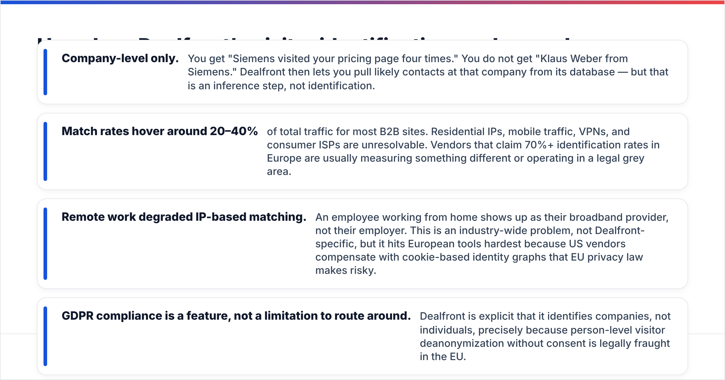 Dealfront reviews diagram: how visitor identification works and where it stops