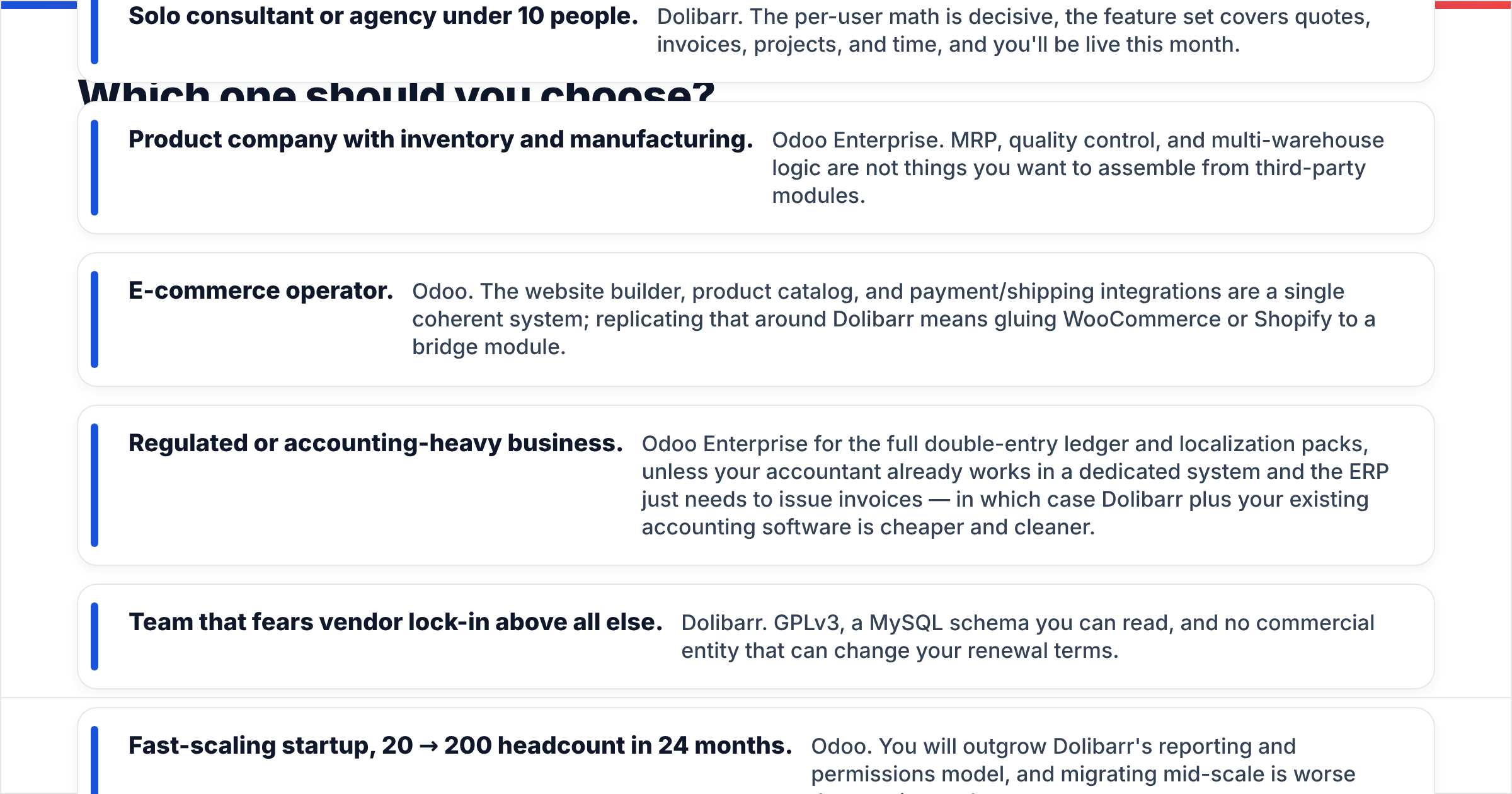Dolibarr vs Odoo decision guide by team type