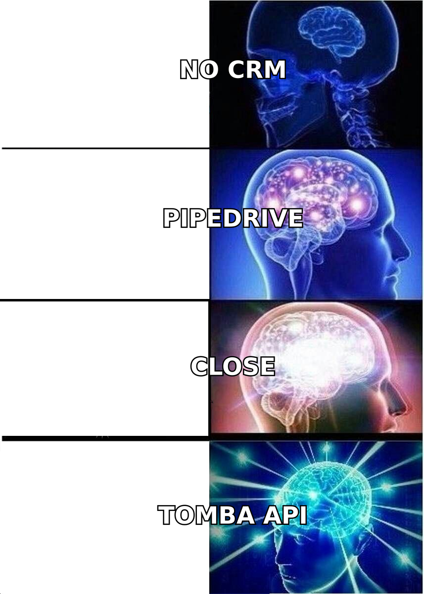 Expanding brain meme: escalating from no CRM to Tomba-powered data
