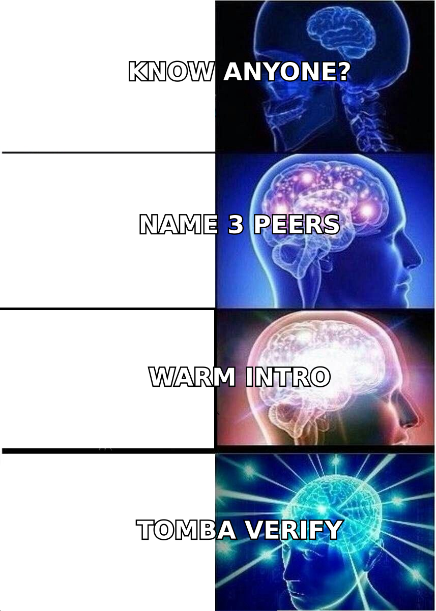 Expanding brain meme showing referral asks escalating from vague to specific and verified