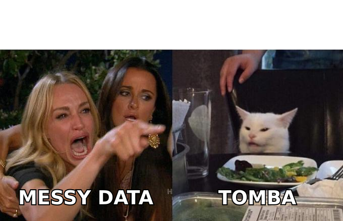 Woman yelling about messy CRM data while a calm cat represents clean Tomba-verified data