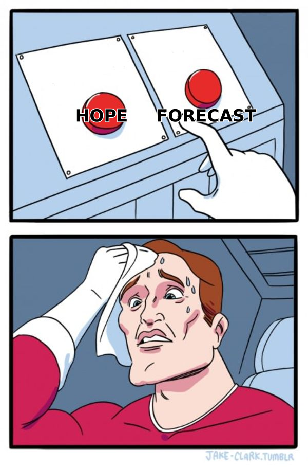 Two-buttons meme showing the choice between hoping and actually forecasting