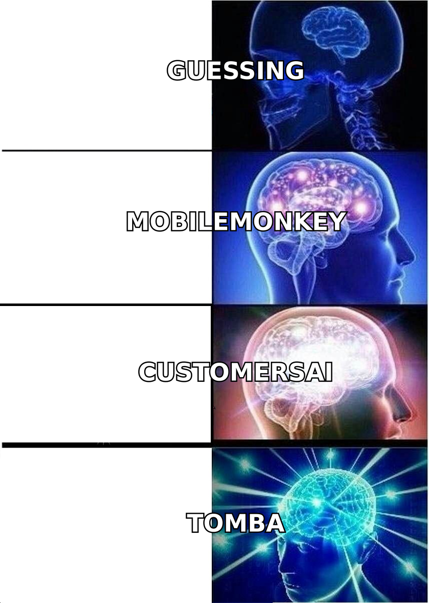 Customers.ai pricing, reviews, pros and cons—expanding-brain meme from guessing emails to Customers.ai to Tomba