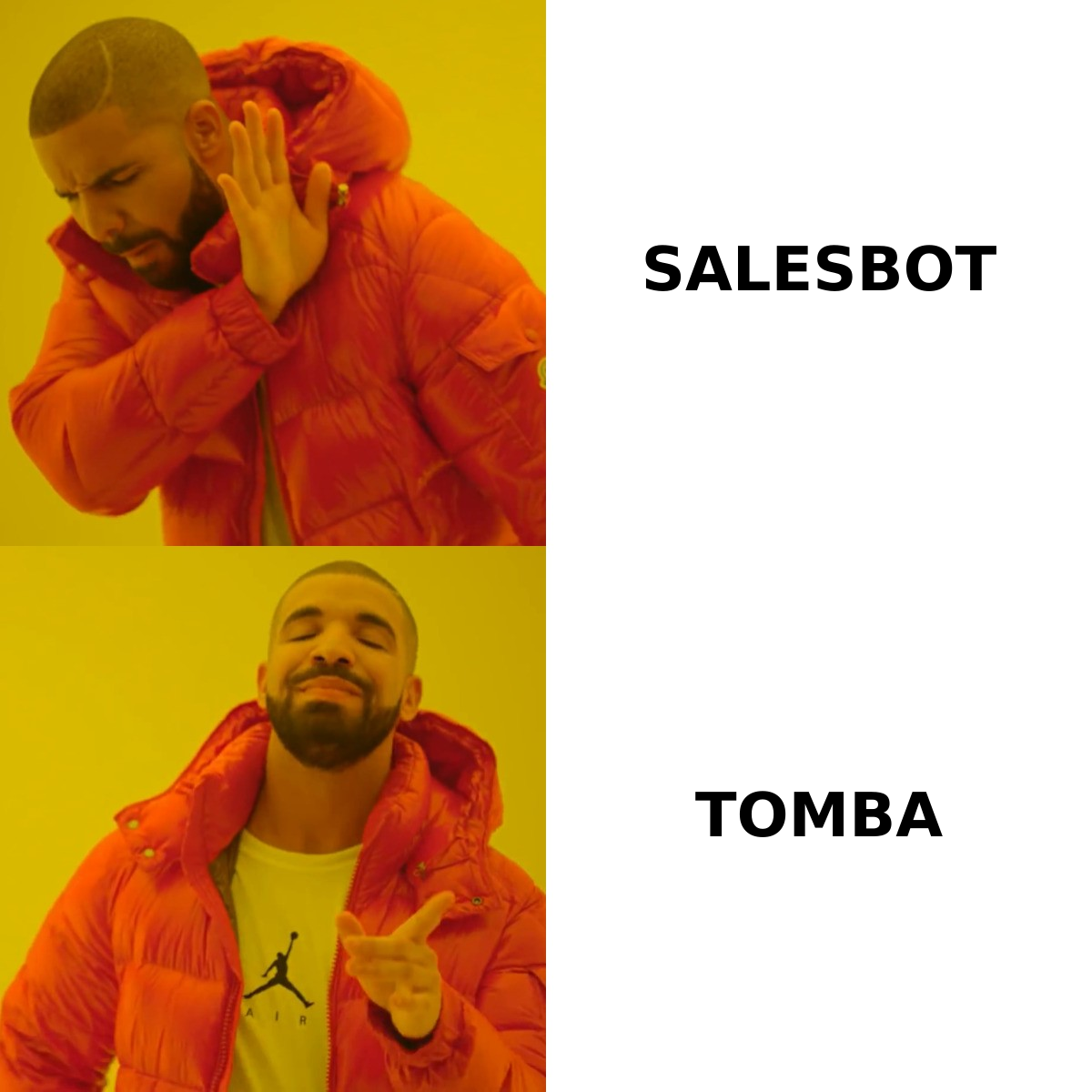 Drake meme showing preference for Tomba over Salesbot for finding B2B contact data