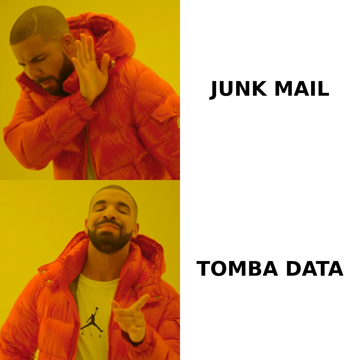 Drake meme comparing untargeted junk mail with verified Tomba data for direct mail prospecting