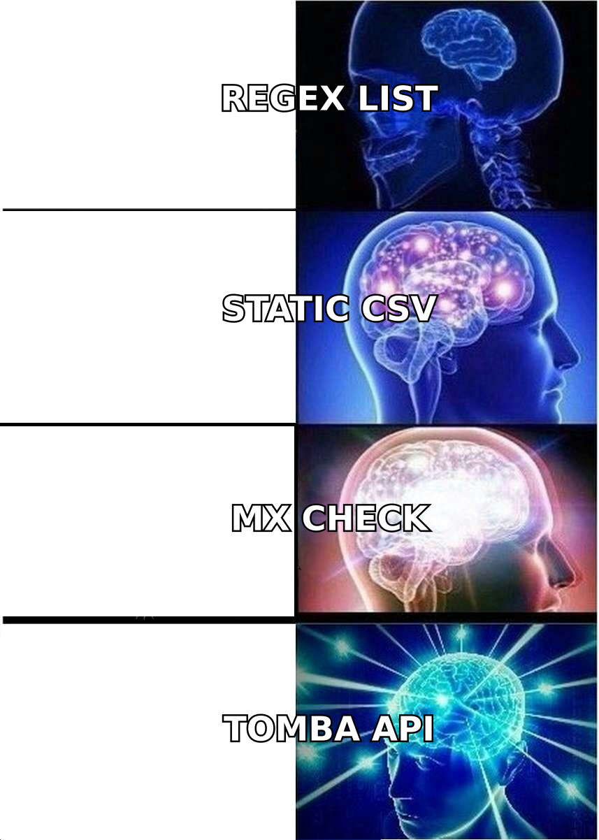 Expanding brain meme showing detection methods escalating from regex to a verification API