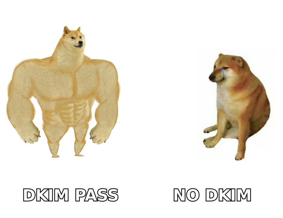 Diagram-style meme contrasting a passing DKIM signature with an unsigned message
