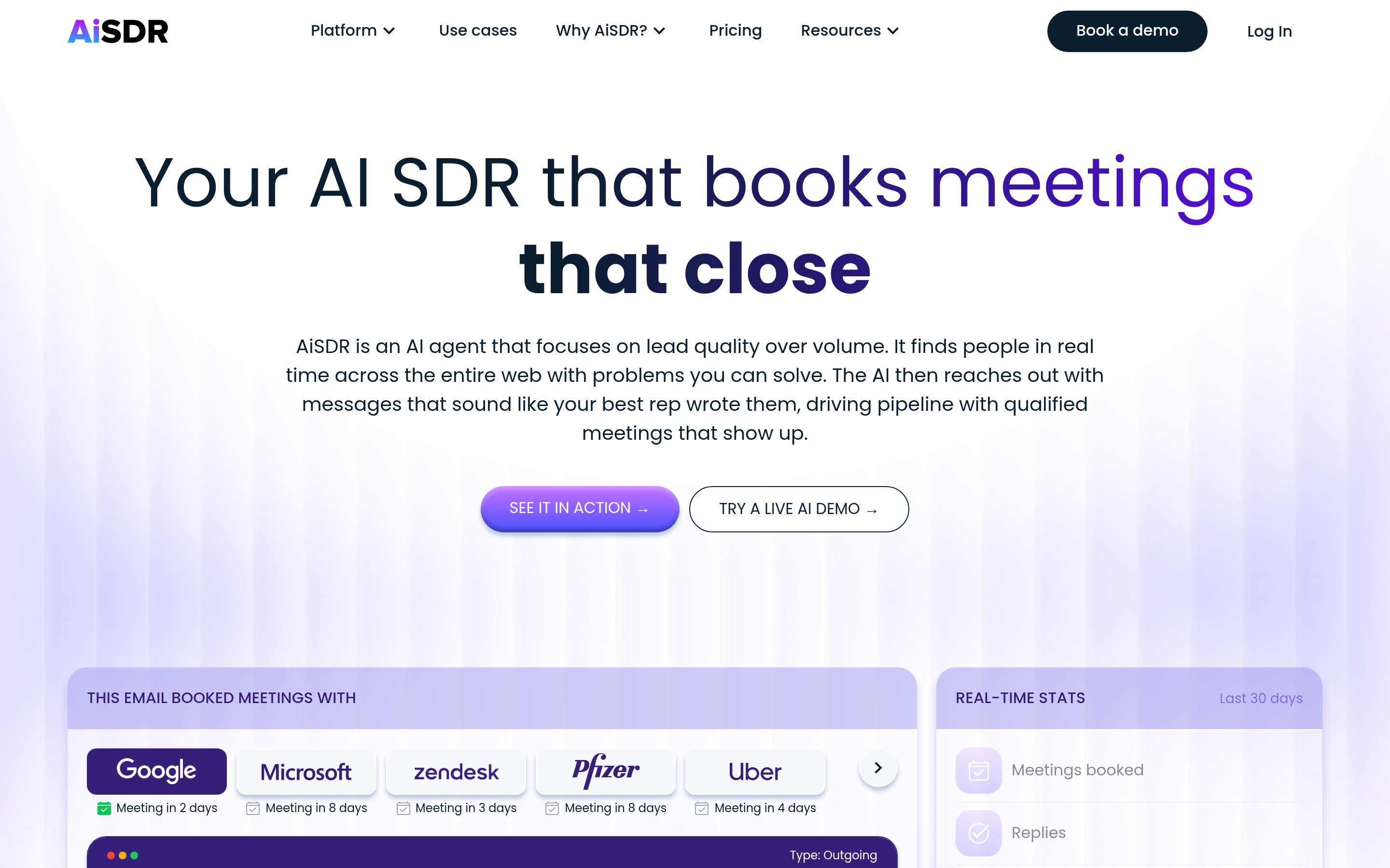 AiSDR website screenshot — product, features and pricing
