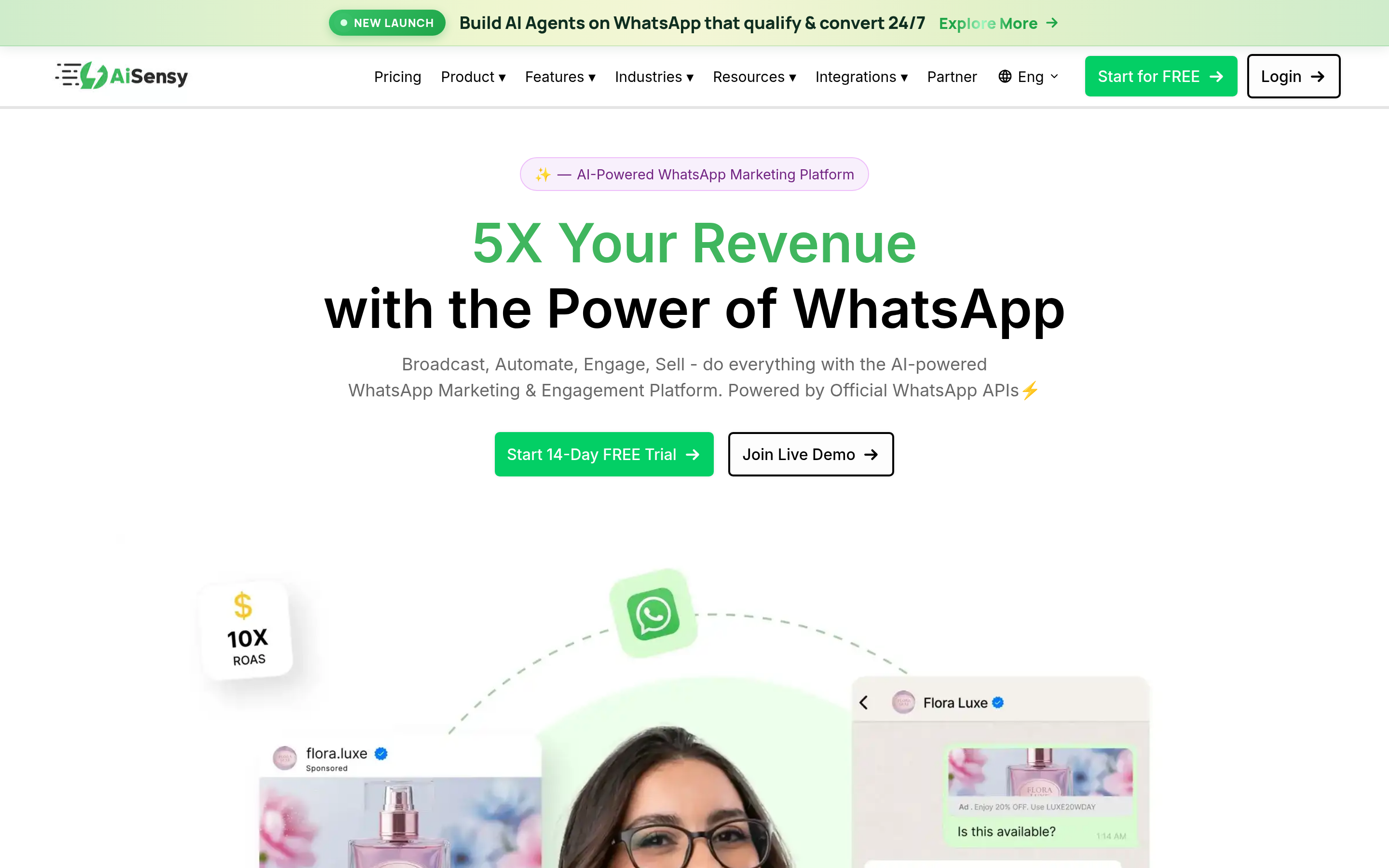 AiSensy website screenshot — product, features and pricing