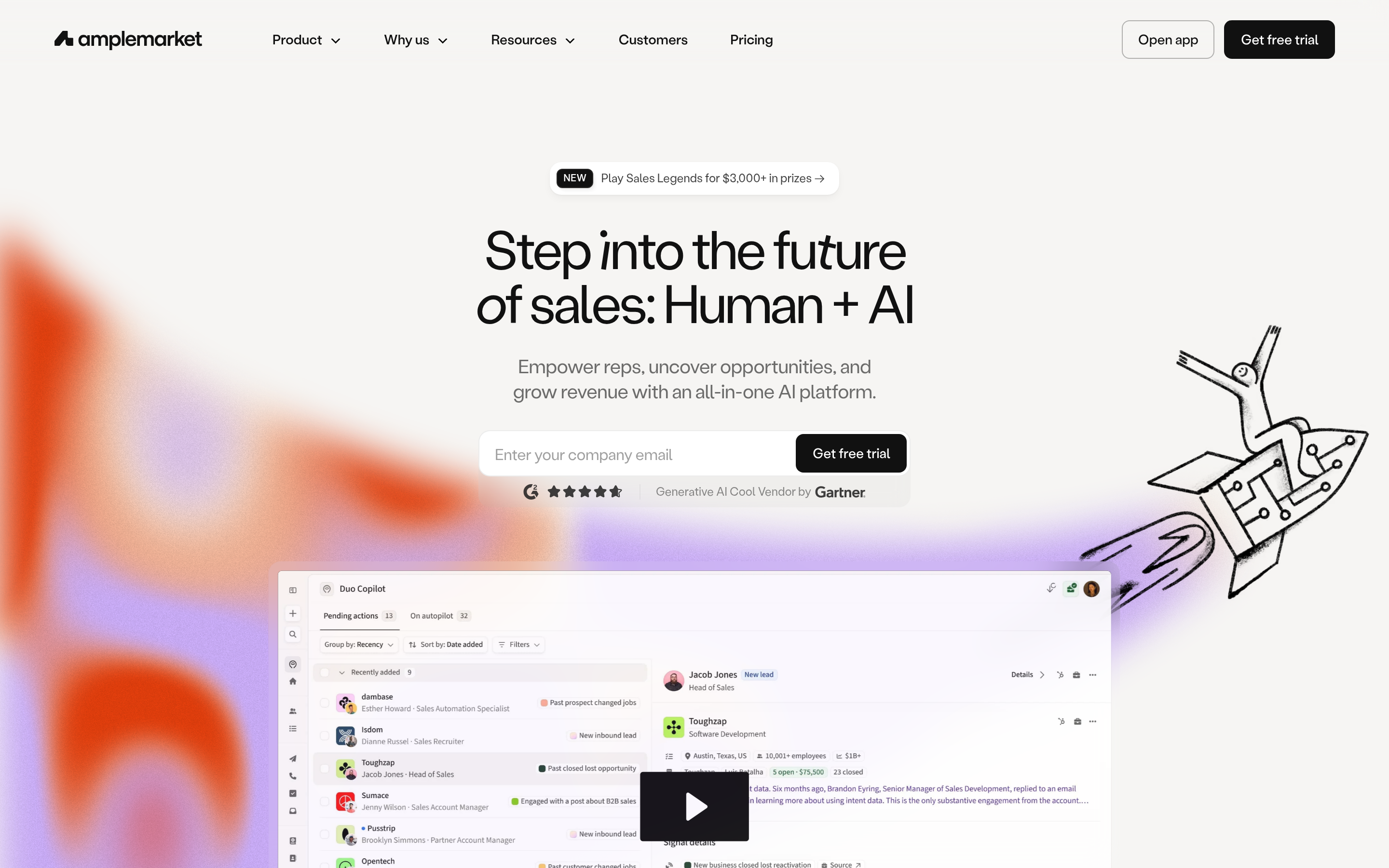 Amplemarket website screenshot — product, features and pricing