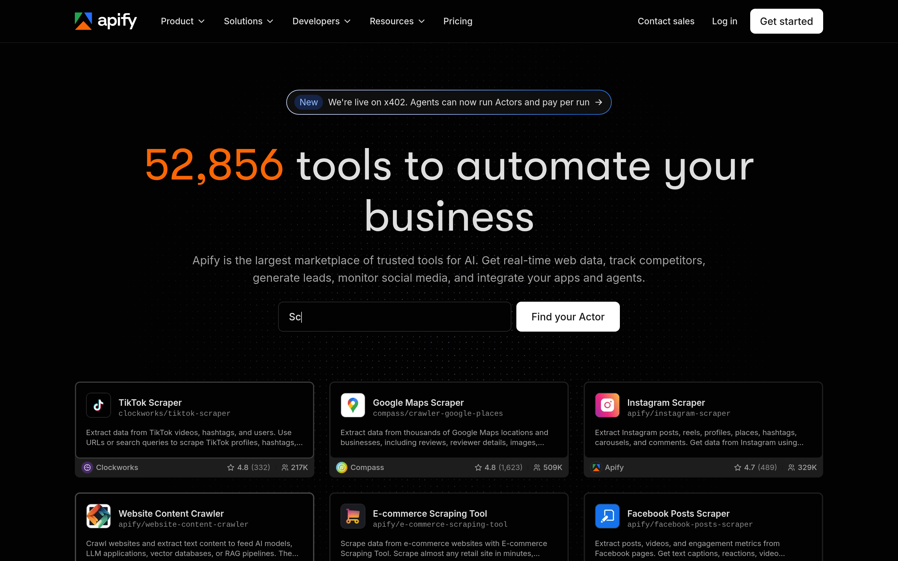 Apify website screenshot — product, features and pricing