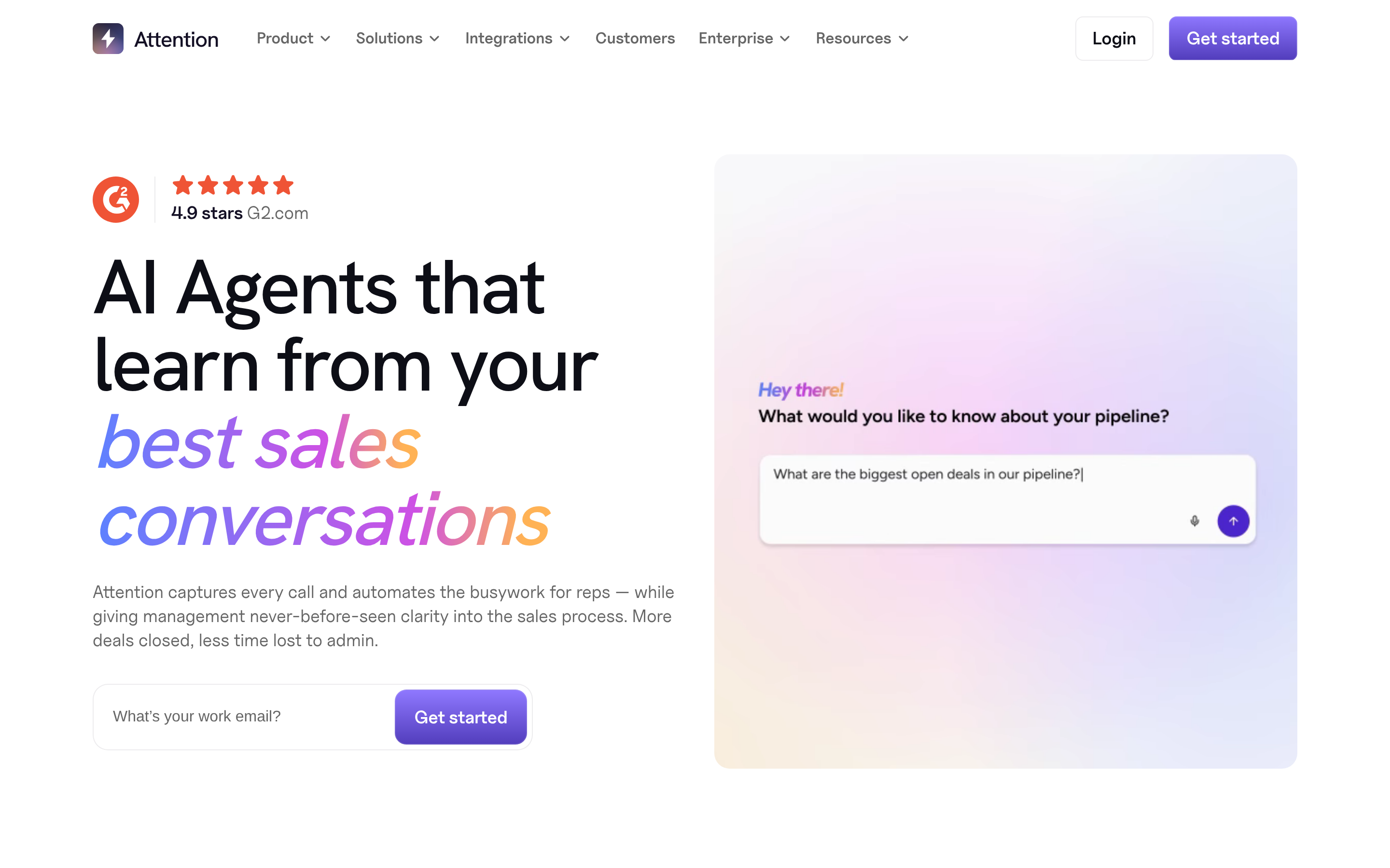 Attention website screenshot — product, features and pricing
