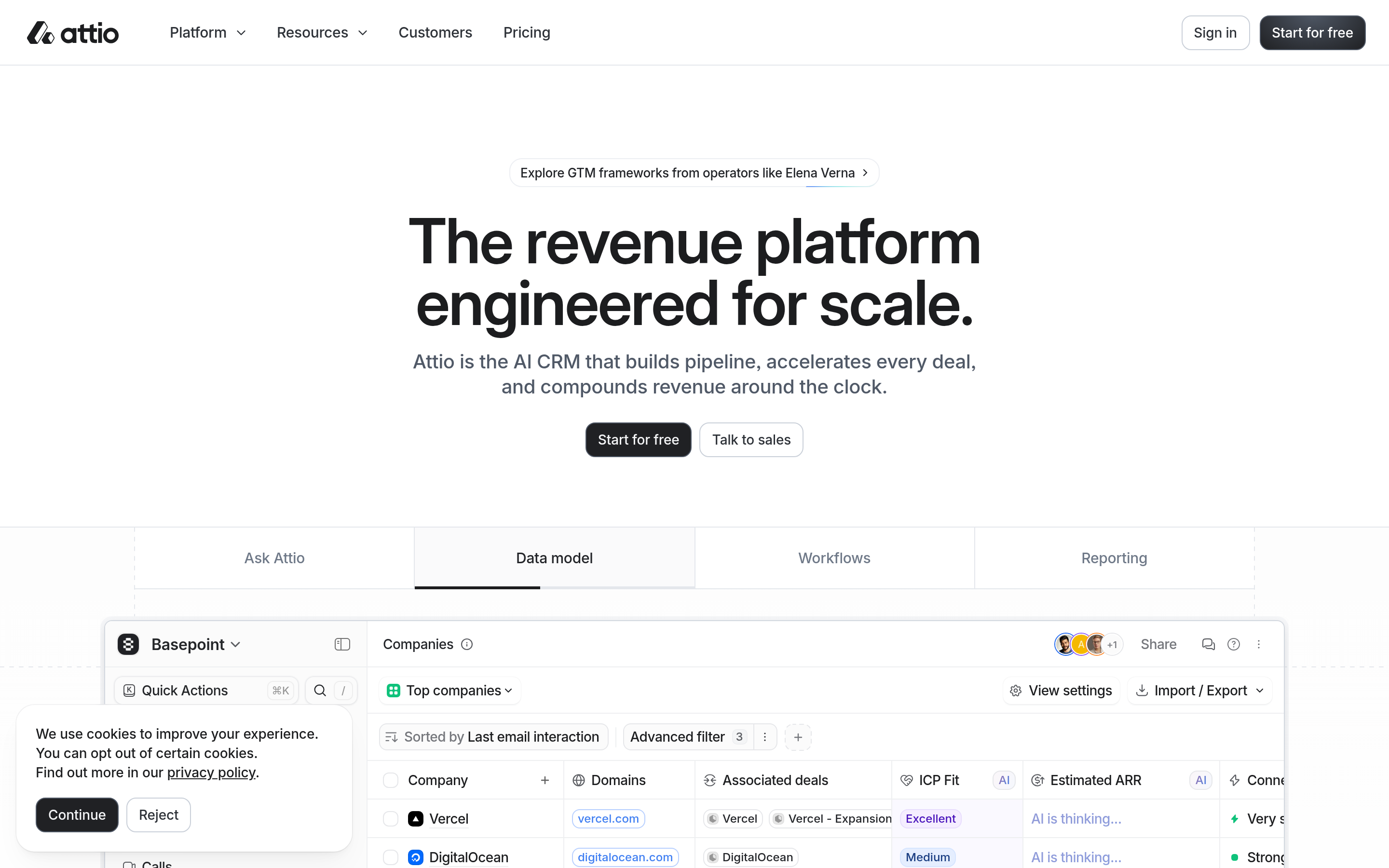 Attio website screenshot — product, features and pricing