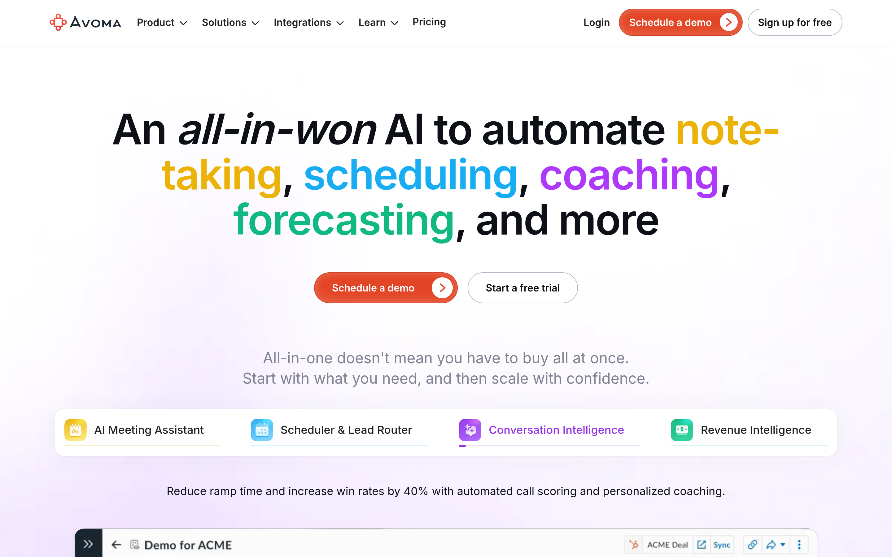 Avoma website screenshot — product, features and pricing