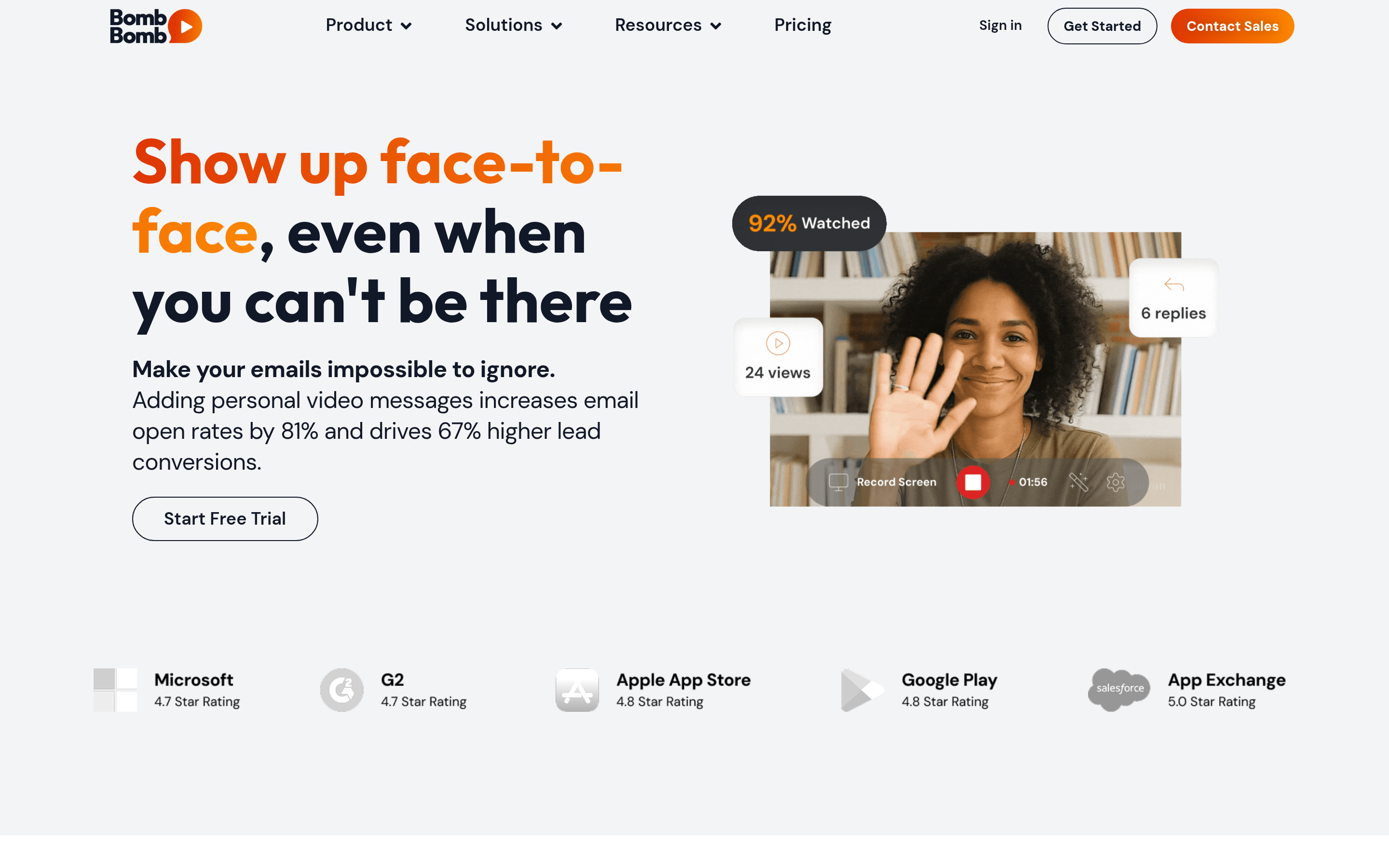BombBomb website screenshot — product, features and pricing