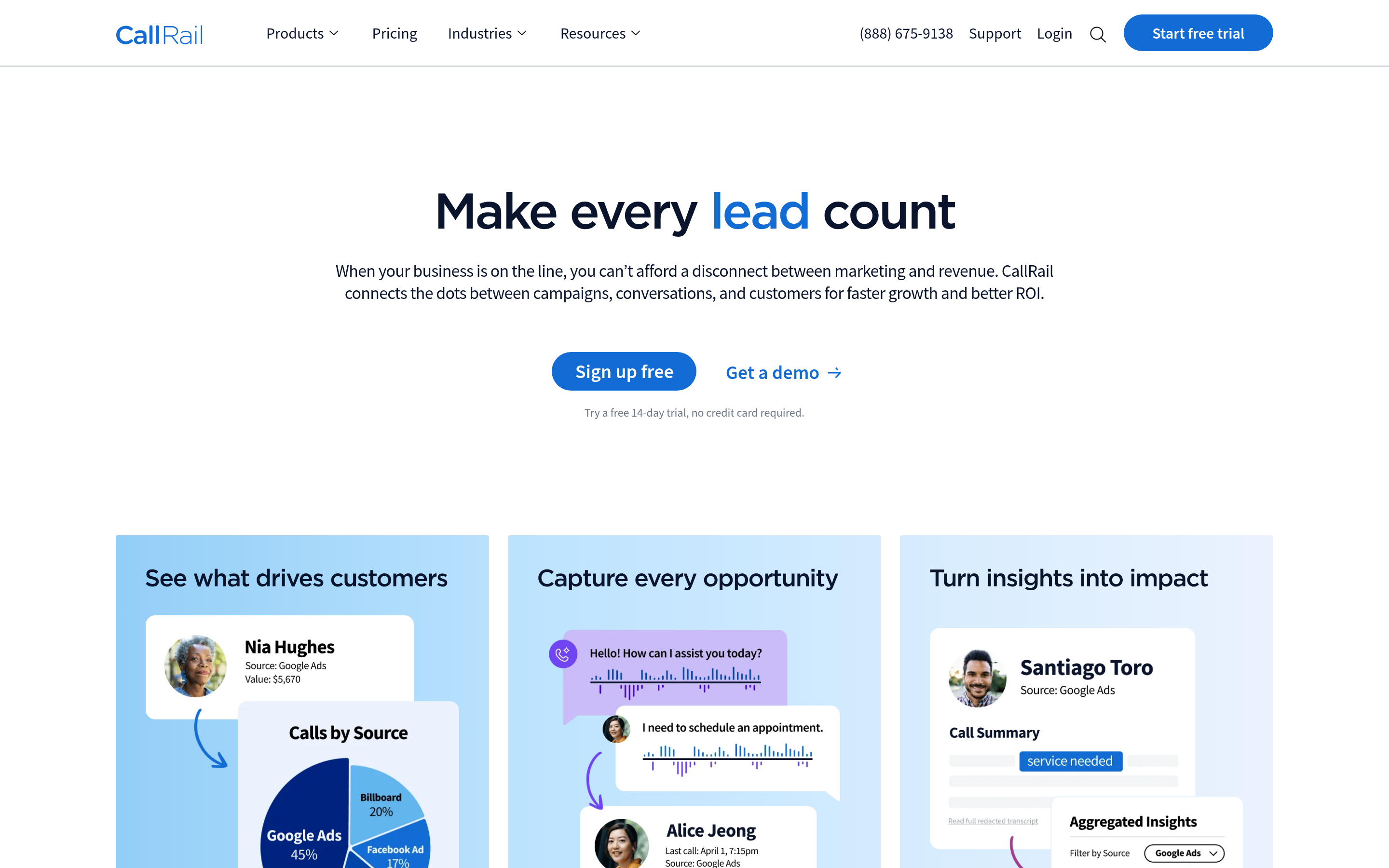 CallRail website screenshot — product, features and pricing